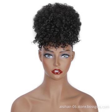 Aisi Hair New Design Kinky Curly Puff Black Color Hair Bun With Bangs Afro Short Curly Synthetic Hair Extension For Black Women